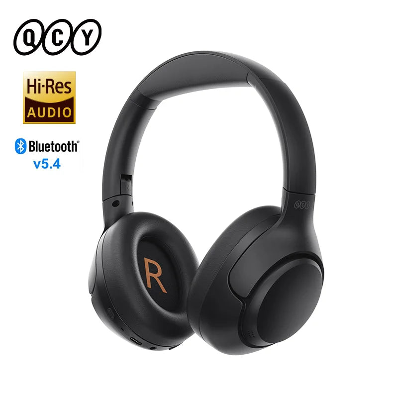 Black headphones with QCY logo and Hi-Res Audio and Bluetooth v5.4 badges on a white background
