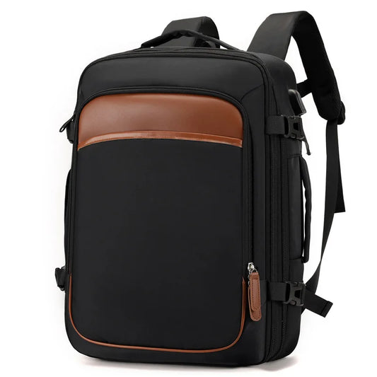 Black backpack with brown accents on a white background