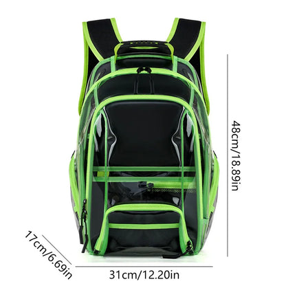 Green and black backpack with dimensions indicated on a white background