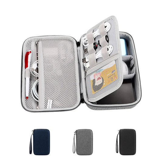Gray travel case with electronic accessories on a white background, featuring the Black More brand.