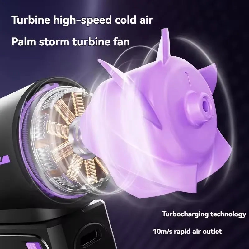 Purple palm storm turbine fan with turbocharging technology on a dark background