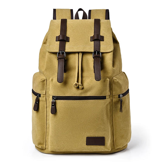 Beige backpack with brown straps and zippers on a white background