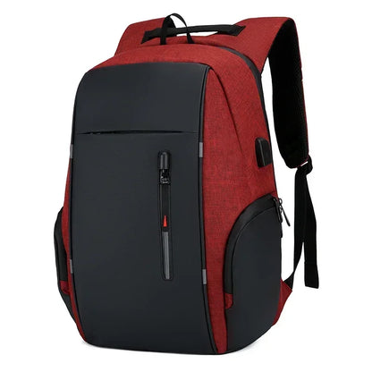 Red and black backpack on a white background