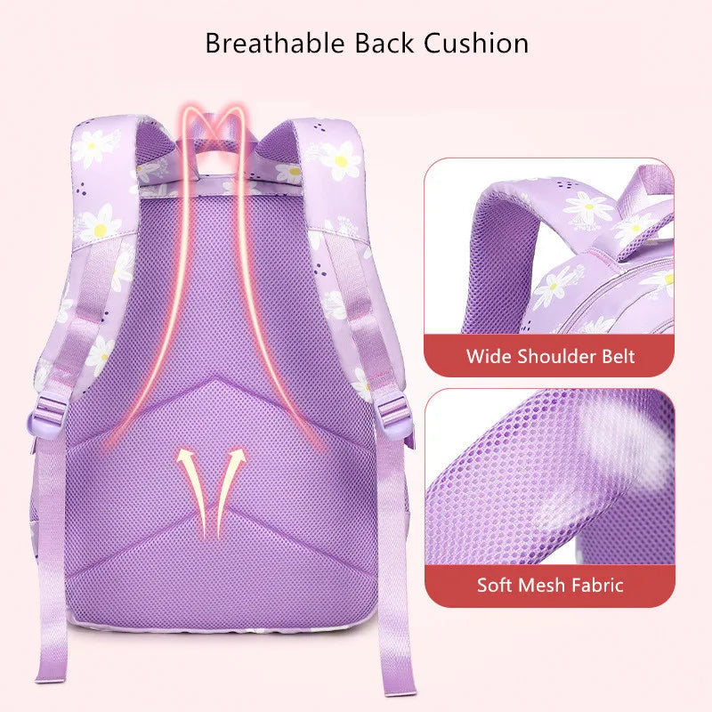 Purple backpack with breathable back cushion, wide shoulder belt, and soft mesh fabric features.