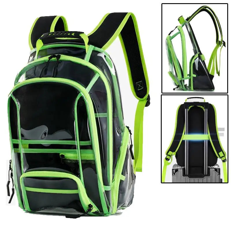 Black and green backpack with clear side panels on a white background
