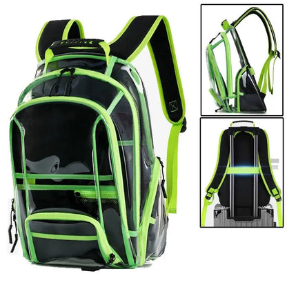 Black and green backpack with clear side panels on a white background