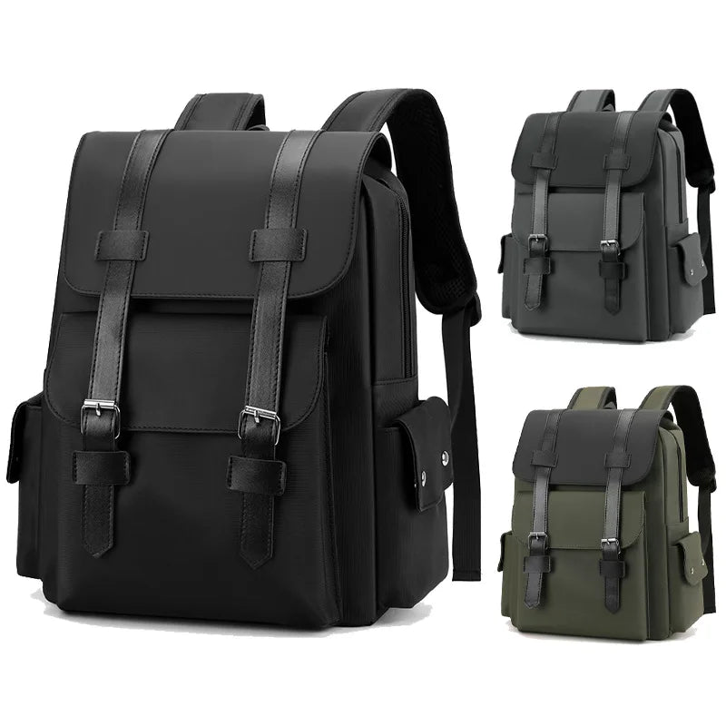Black backpack with leather straps on a white background