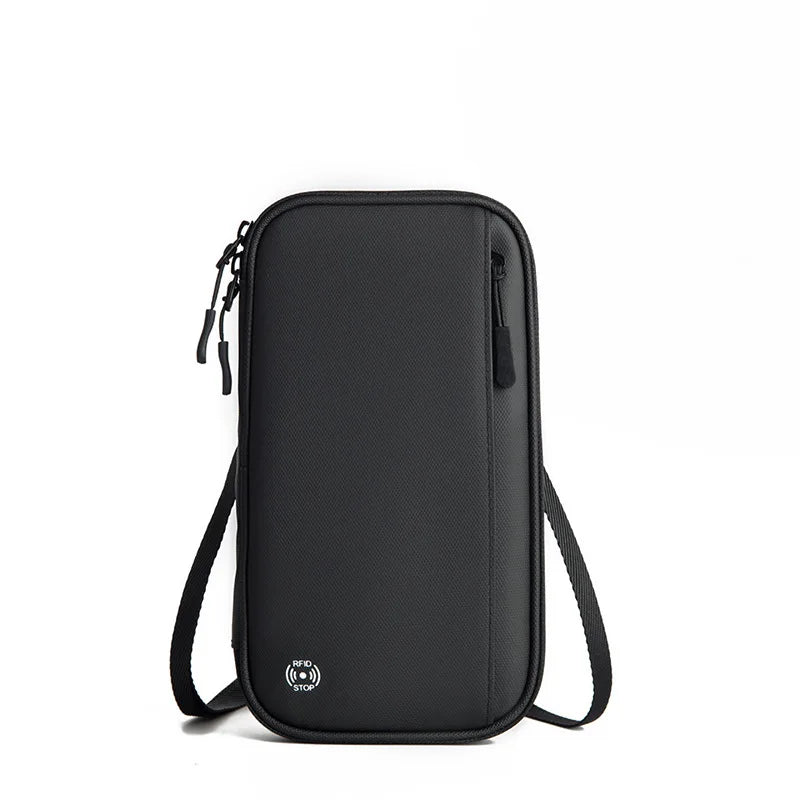 Black travel pouch with a strap on a white background