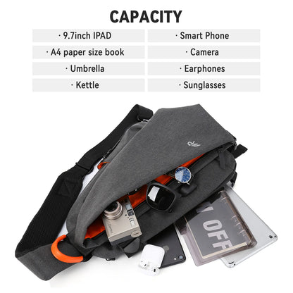 Gray crossbody bag with items and capacity list on a white background