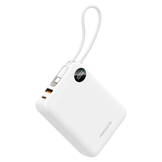 White power bank with a digital display on a white background