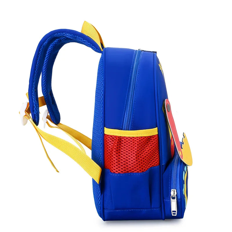 Blue backpack with red pocket and yellow straps on a white background