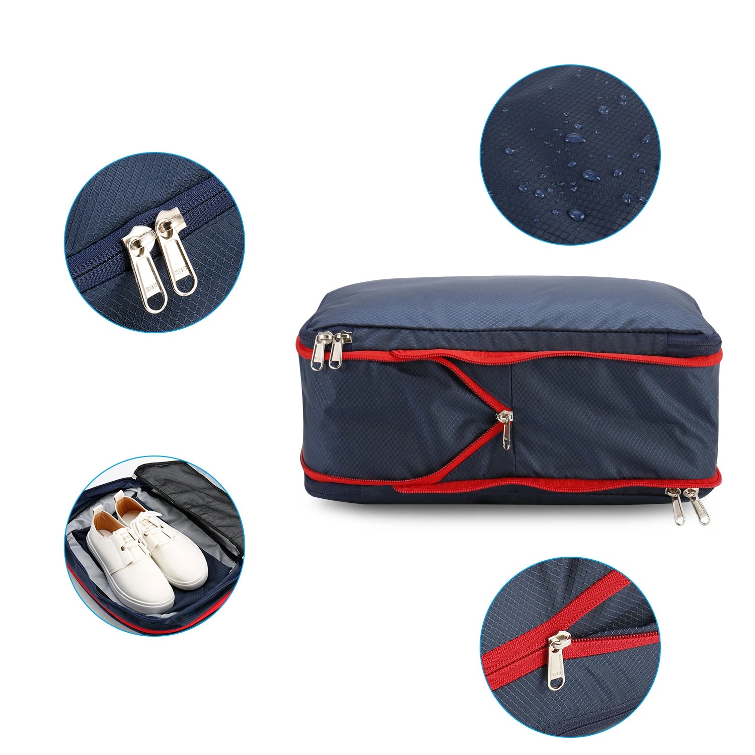 Blue travel pouch with red zipper details, shown from multiple angles on a white background.