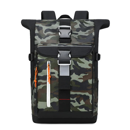 Camouflage backpack with black accents and orange zipper on a white background
