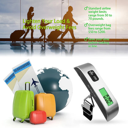 Digital luggage scale with travel bags and a globe, promoting weight limit awareness.