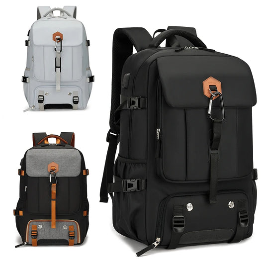 Two backpacks, one black and gray, the other black, on a white background.