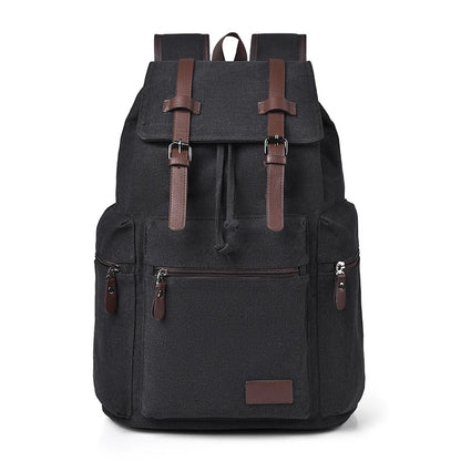 Black backpack with brown straps and accents on a white background