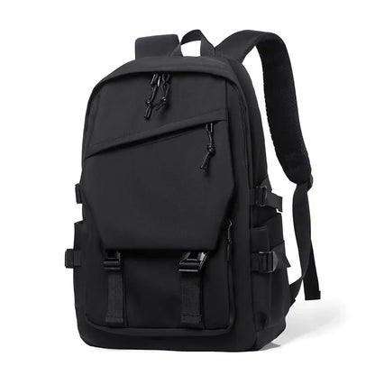 Sleek UrbanLite Travel Backpack in black, designed for students and travelers, featuring pockets and padded straps.