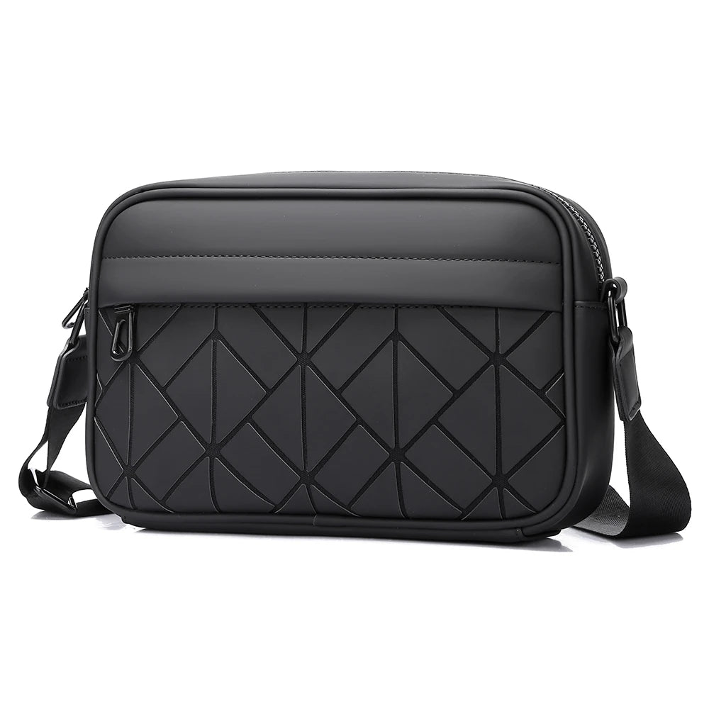 Black quilted crossbody bag on a white background