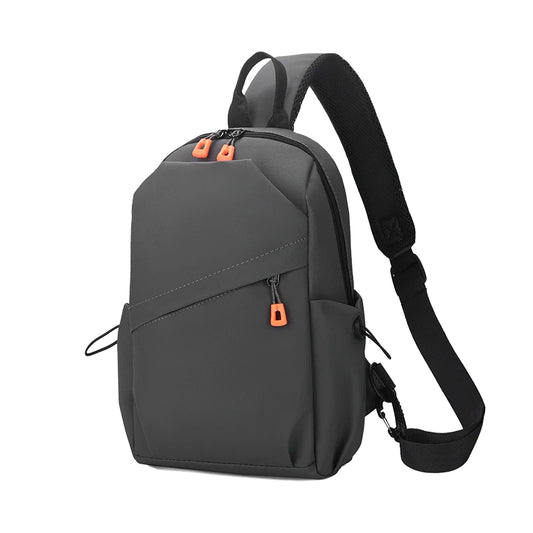 Gray sling bag with black strap on a white background
