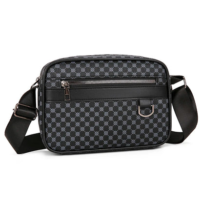 Black and gray patterned crossbody bag on a white background