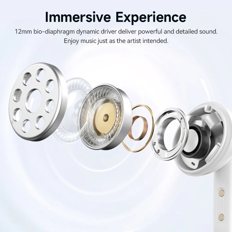 Close-up of a 12mm bio-diaphragm dynamic driver with text about immersive sound experience.