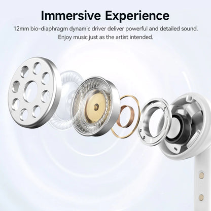 Close-up of a 12mm bio-diaphragm dynamic driver with text about immersive sound experience.