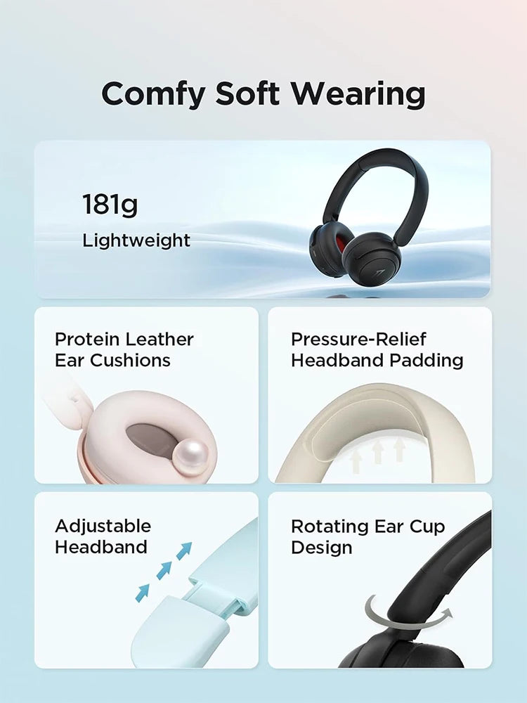 Wireless earbuds with features highlighted on a light blue background