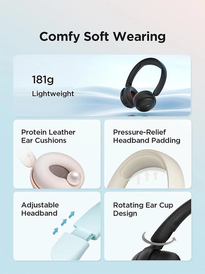 Wireless earbuds with features highlighted on a light blue background