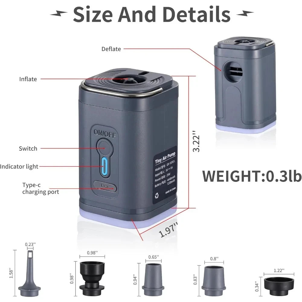 Detailed view of a small air pump with labeled parts and dimensions on a white background.