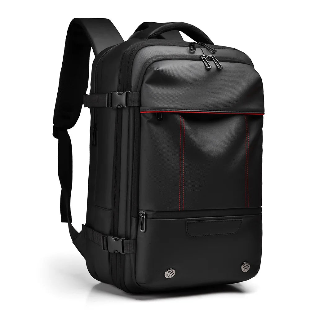 Black backpack with red stitching on a white background