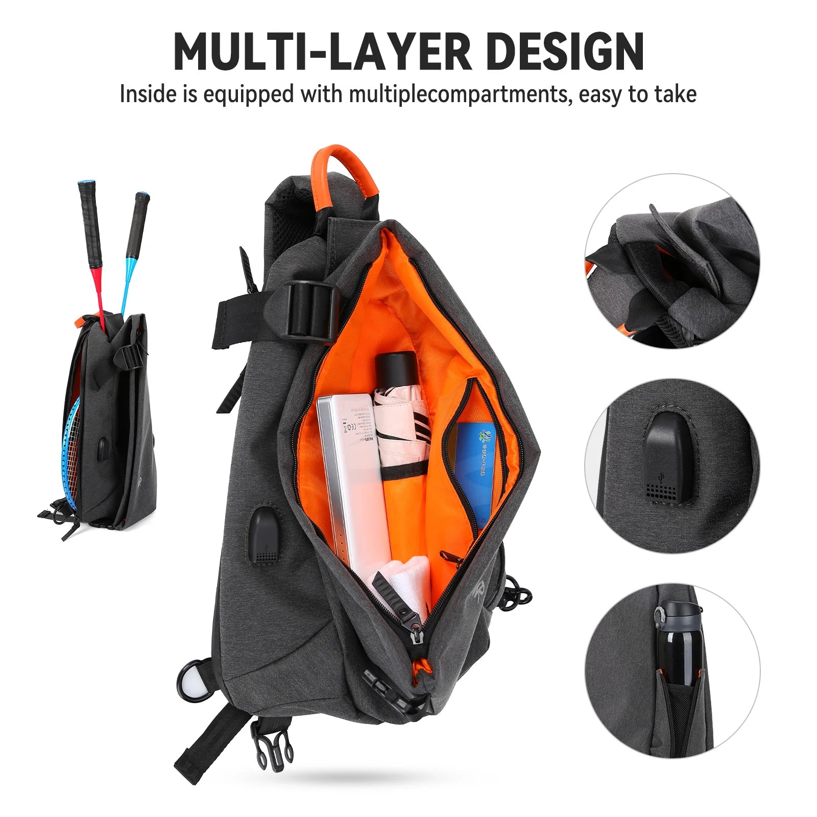 Multilayered backpack with compartments and accessories on a white background