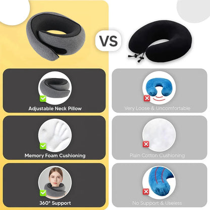 Comparison chart of adjustable neck pillow with other options on a yellow and gray background.