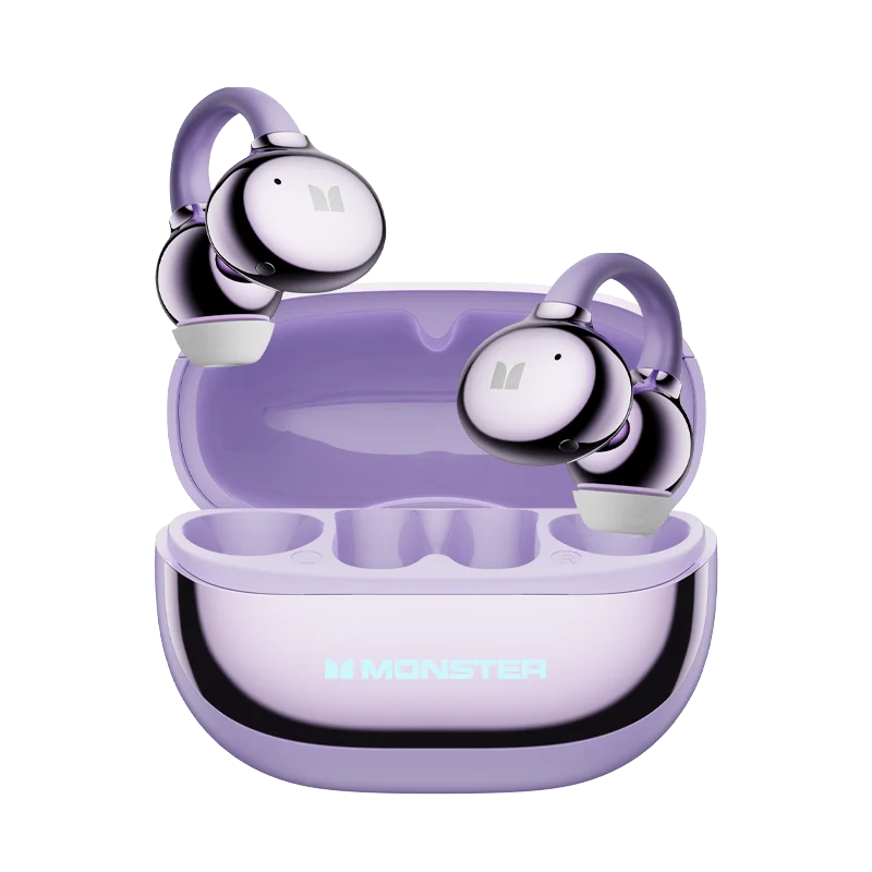 Purple wireless earbuds with charging case on a white background