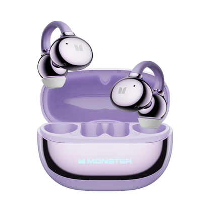 Purple wireless earbuds with charging case on a white background