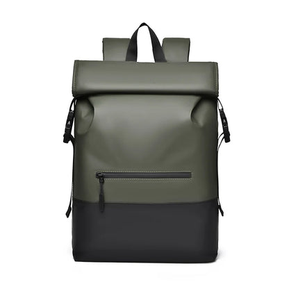 Green and black backpack on a white background