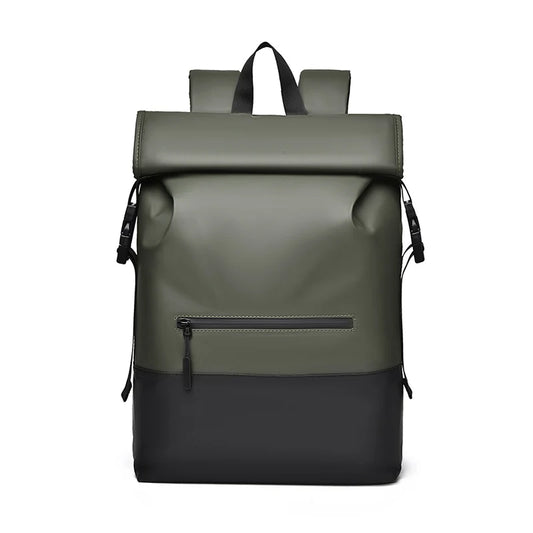 Green and black backpack on a white background