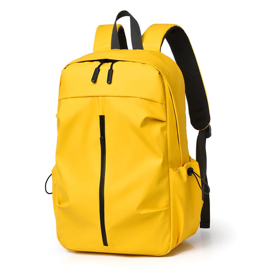Yellow backpack with black straps on a white background
