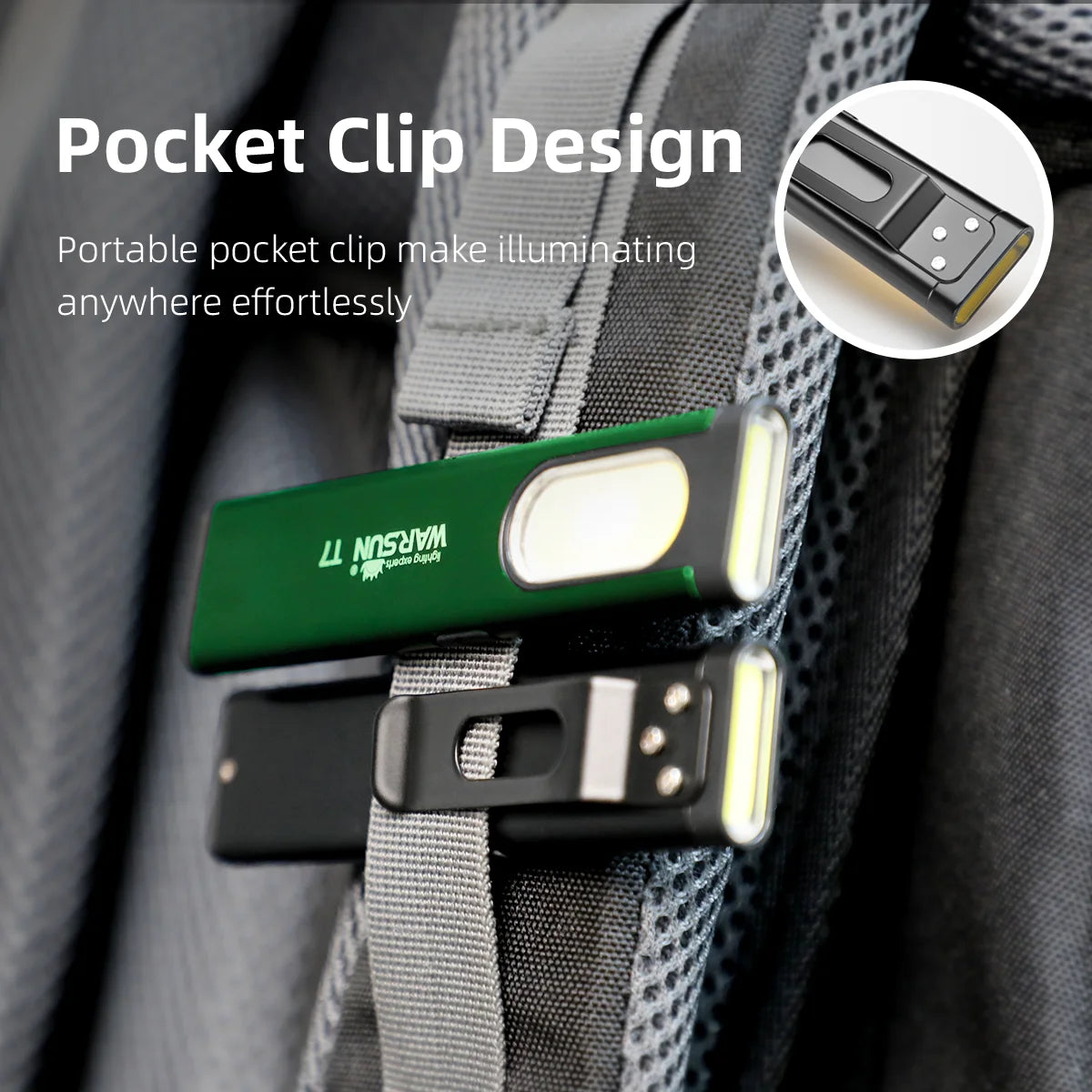 Green pocket clip light attached to a backpack with text highlighting its design and portability.