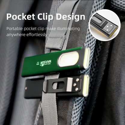 Green pocket clip light attached to a backpack with text highlighting its design and portability.