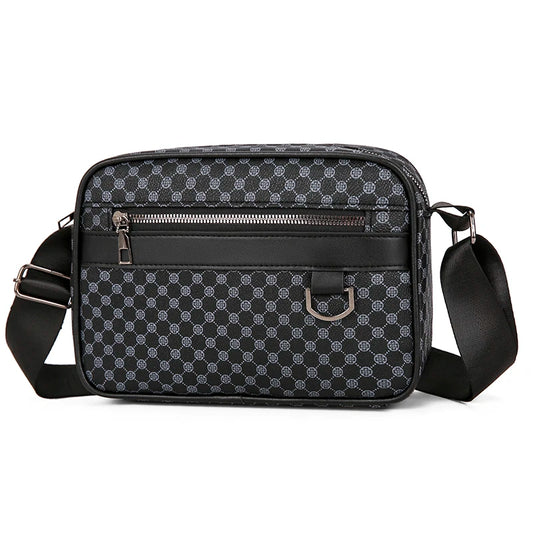 Black patterned shoulder bag on a white background