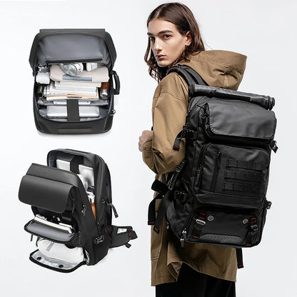 Person wearing a black backpack with open compartments showing organized items on a white background
