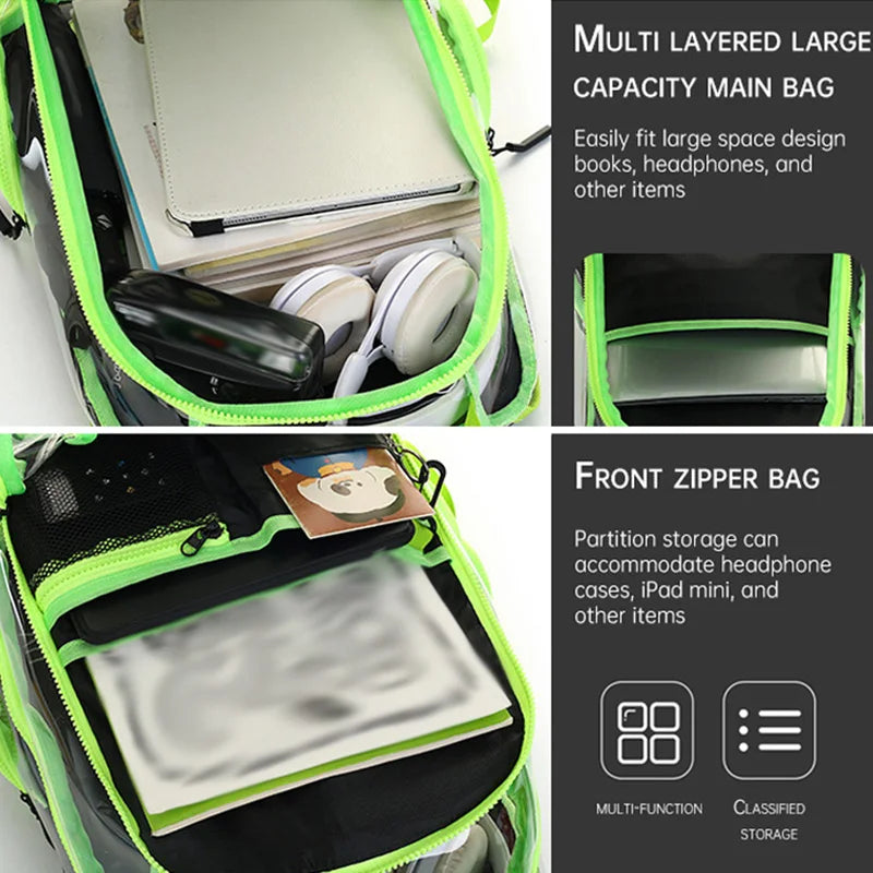 Multilayered large capacity bag with front zipper compartment, suitable for storing books, headphones, and electronic devices.