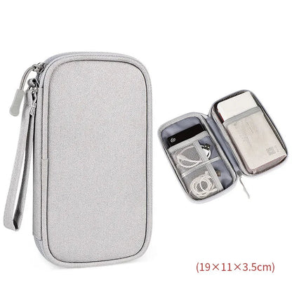 Gray travel organizer with compartments on a white background
