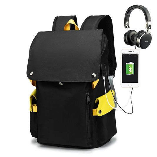 Black backpack with yellow accents, headphones, and smartphone on a white background