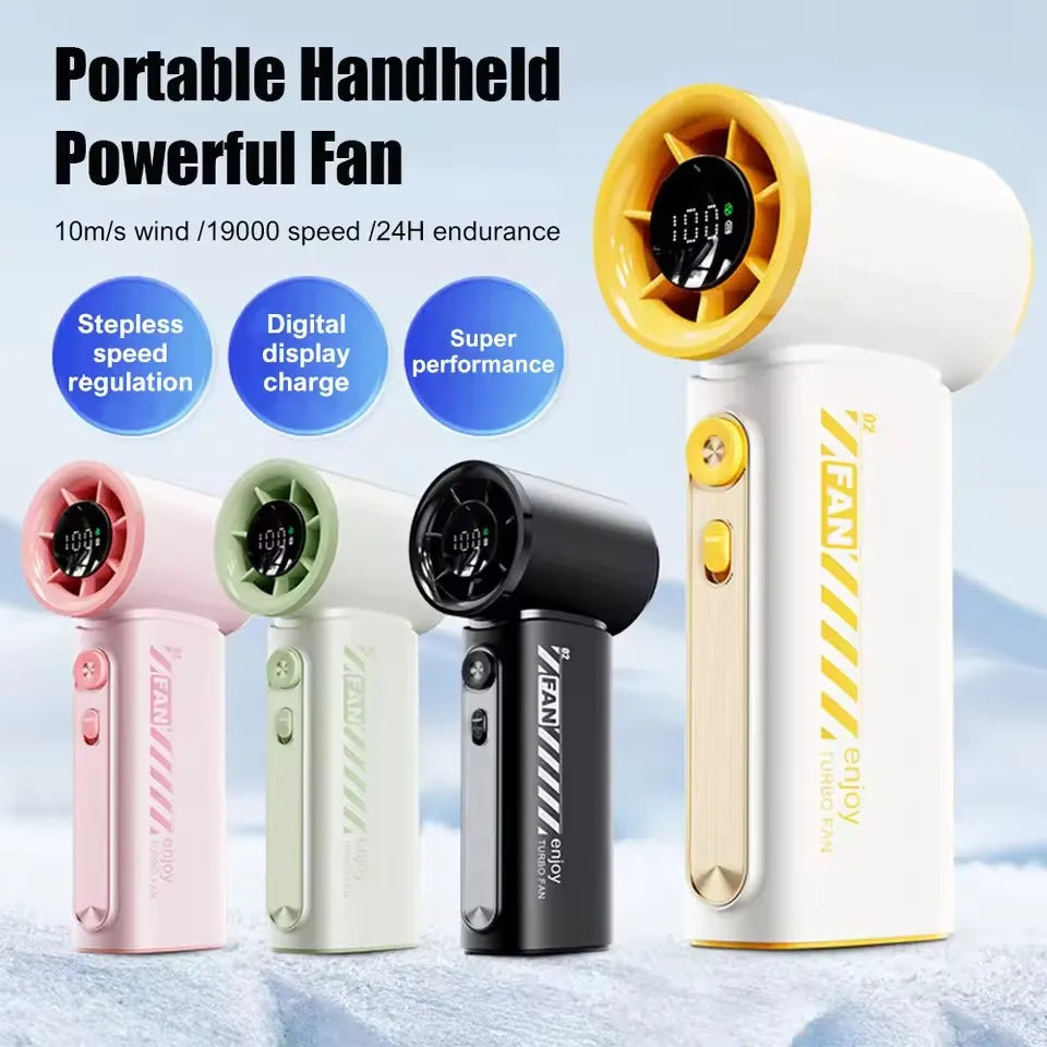 Portable handheld powerful fan with multiple colors and features on a light blue background