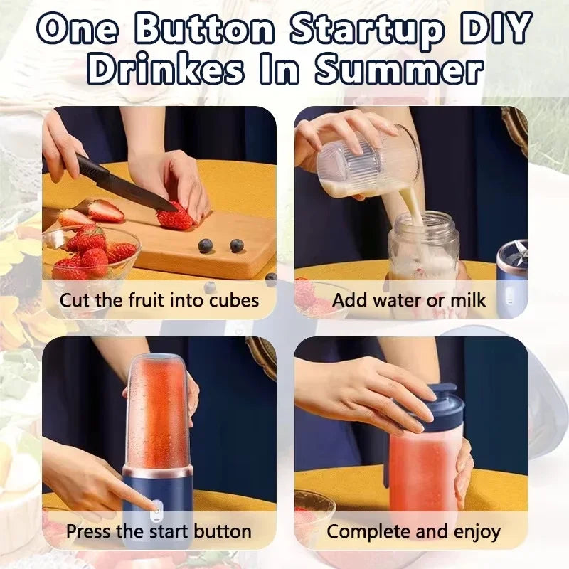 Step-by-step process of making a drink using a portable blender.