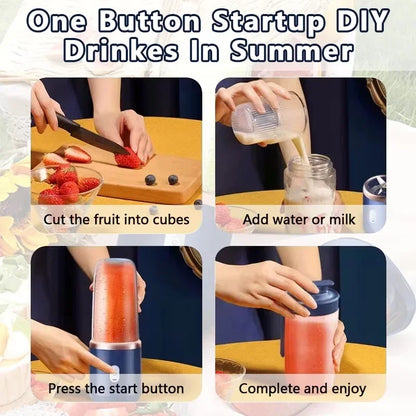 Step-by-step process of making a drink using a portable blender.
