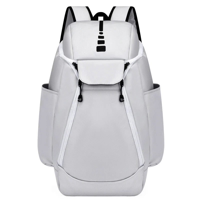 Gray backpack with a logo on a white background