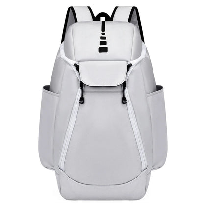 Gray backpack with a logo on a white background