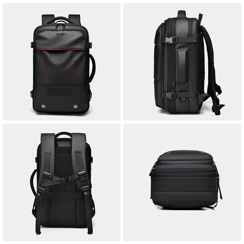 Black backpacks shown from different angles on a white background